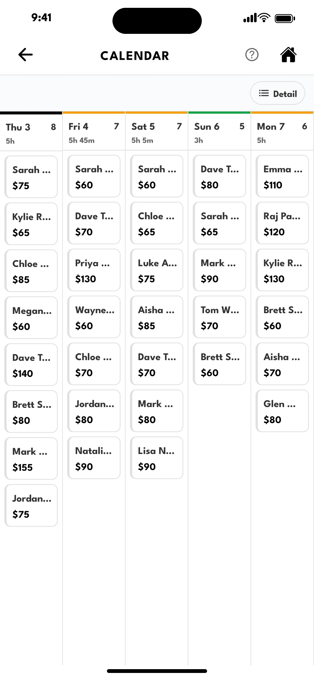 Weekly calendar with client jobs, prices and daily booked hours