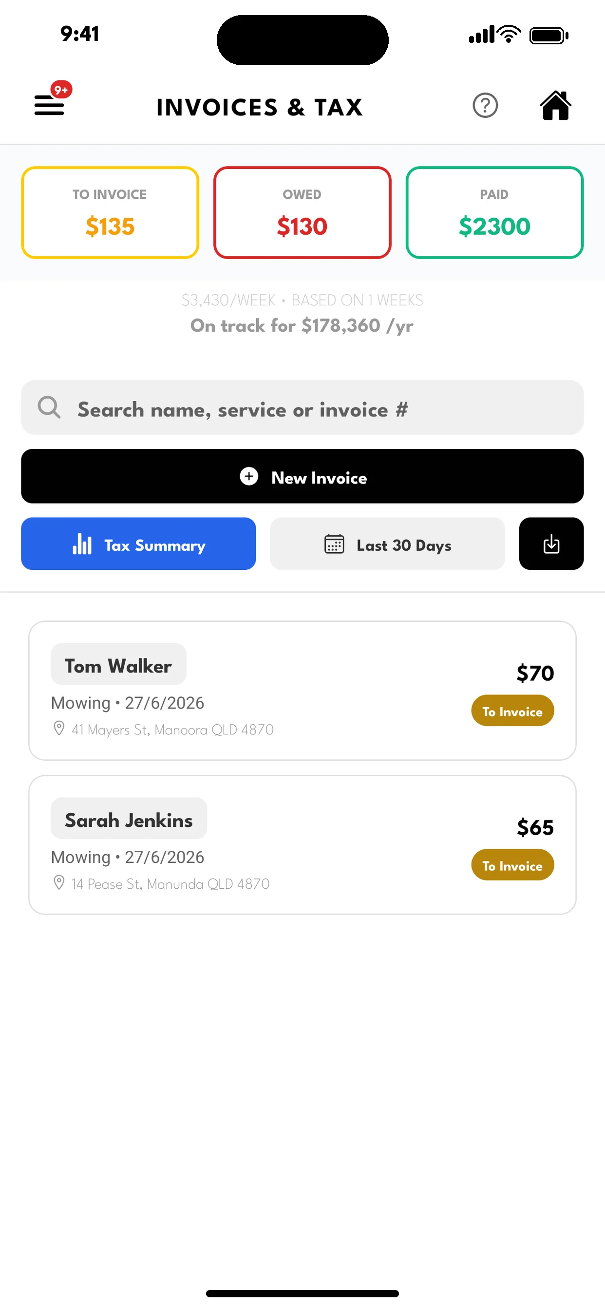 Earlier SoloOp invoice list with sample to-invoice, owed and paid totals and a projection from example data