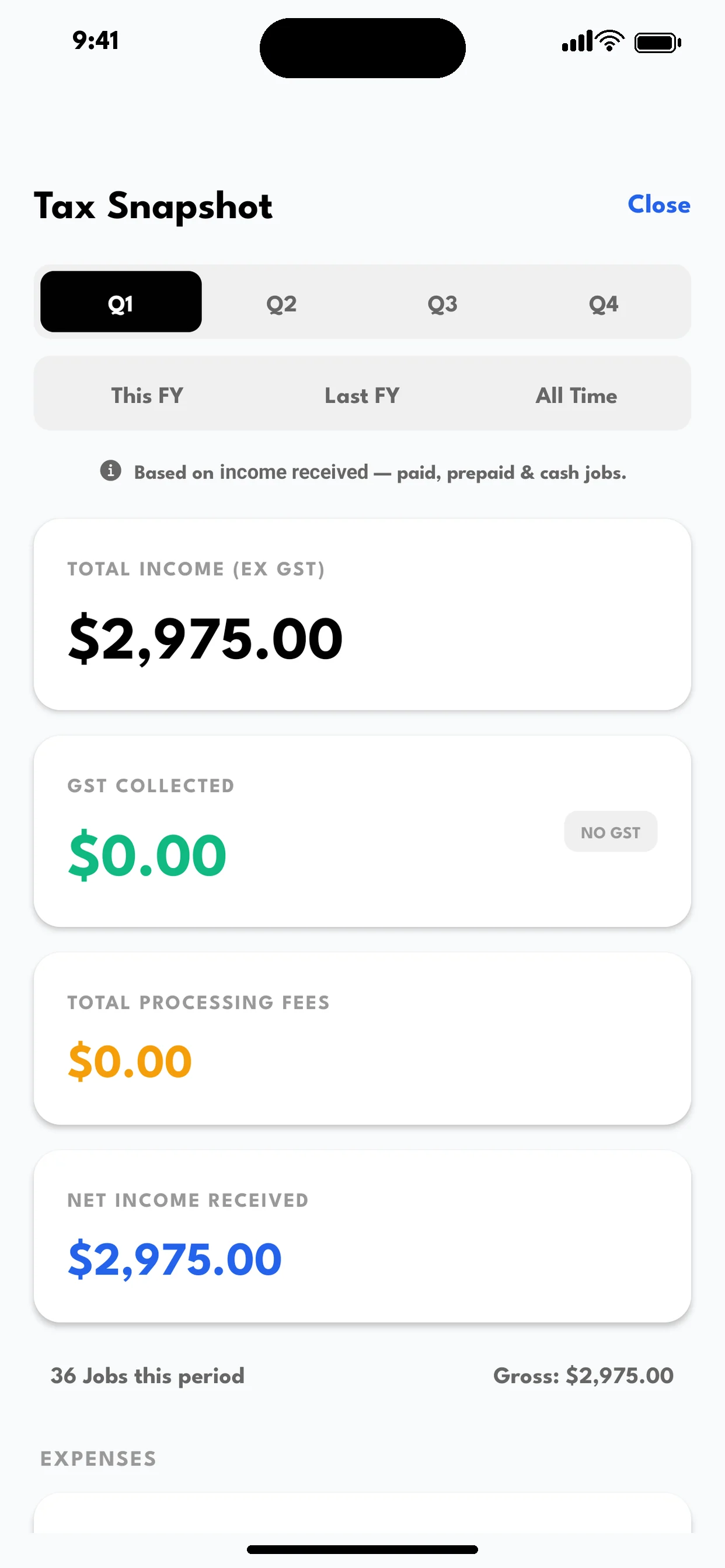 Earlier SoloOp tax summary opened from Invoices, with sample income, GST, processing fees and net income