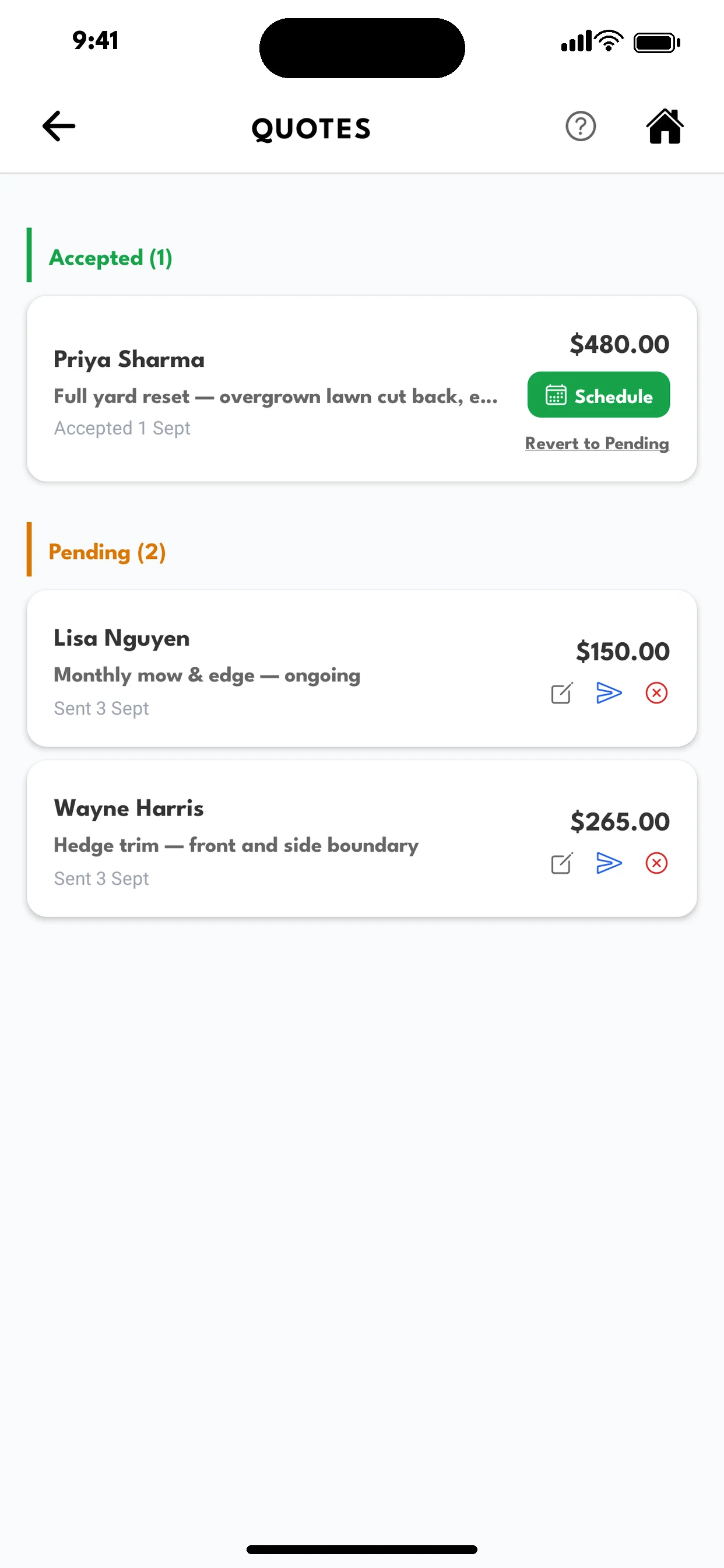 Accepted and pending quotes with amounts and a Schedule action