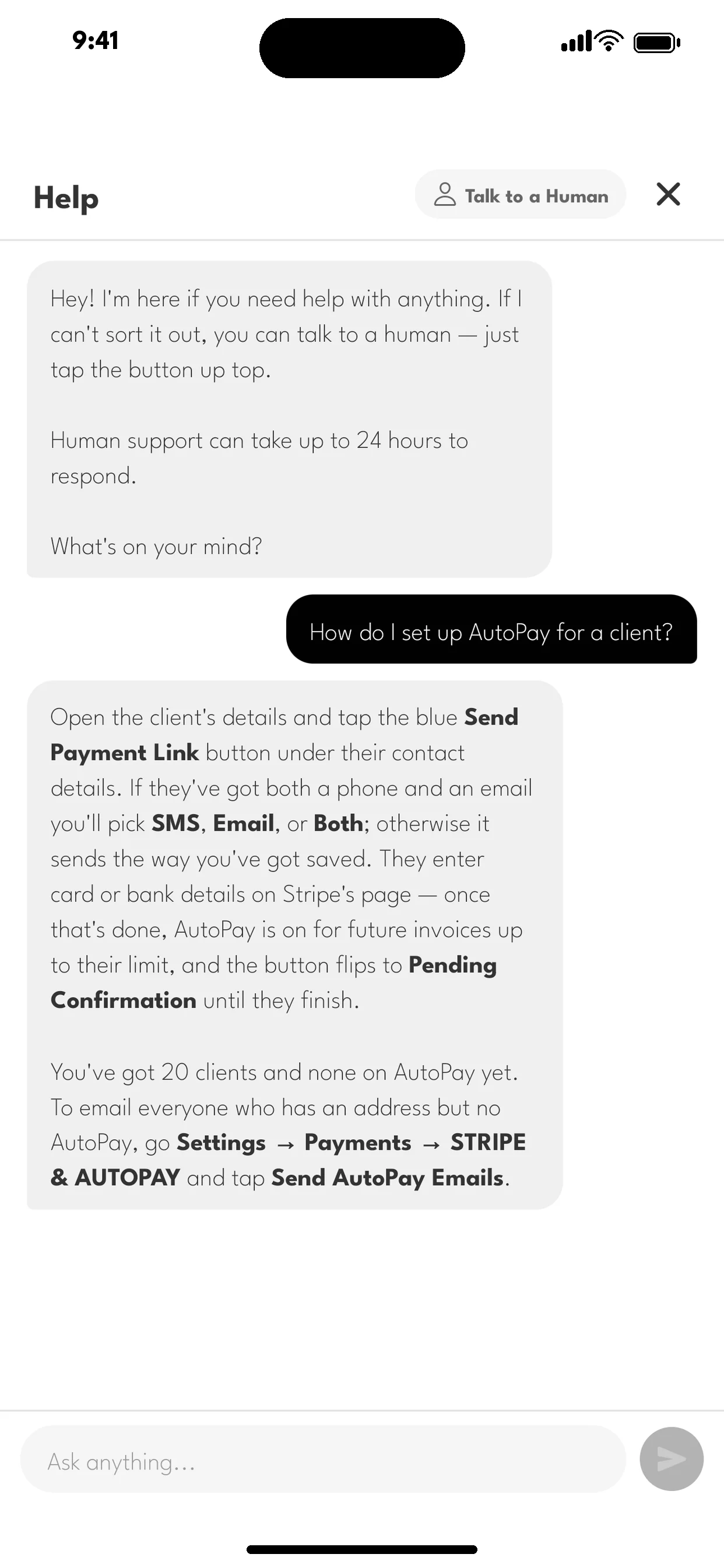 Help conversation explaining AutoPay setup, with a Talk to a Human option
