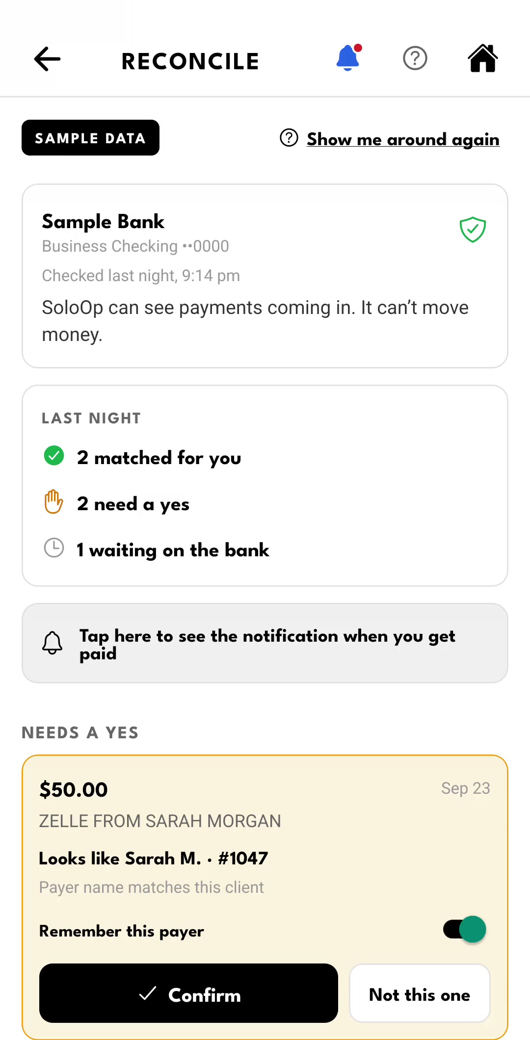 Sample SoloOp Bank Feeds screen showing incoming transfers and suggested invoice matches