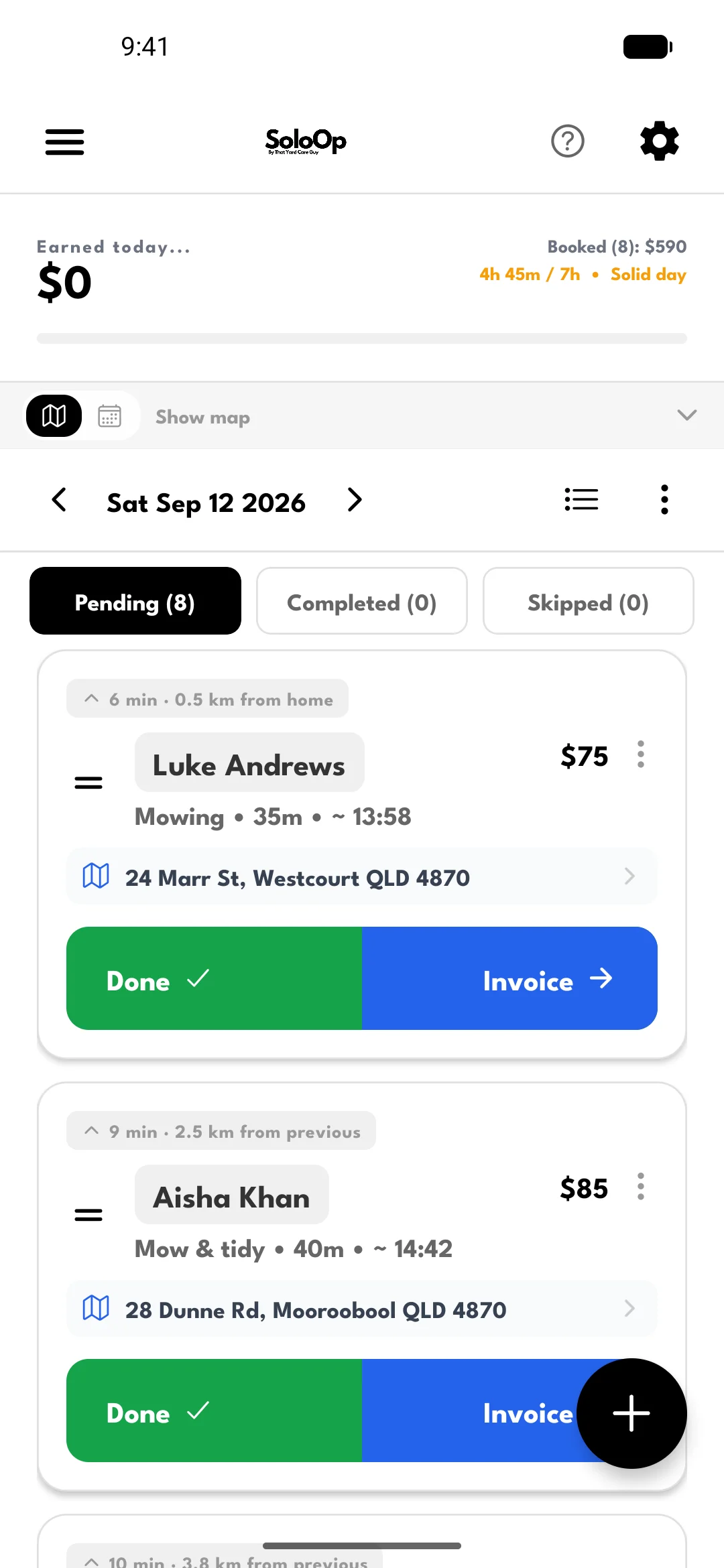 SoloOp daily run sheet with eight scheduled jobs, completion and invoice actions