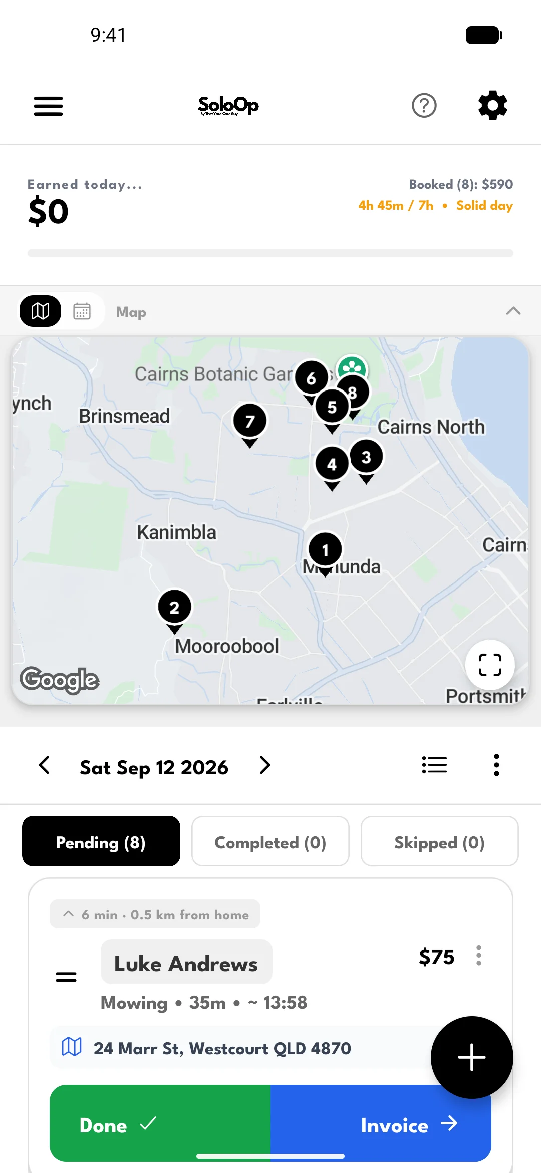Expanded map with eight numbered job markers above the same daily run sheet