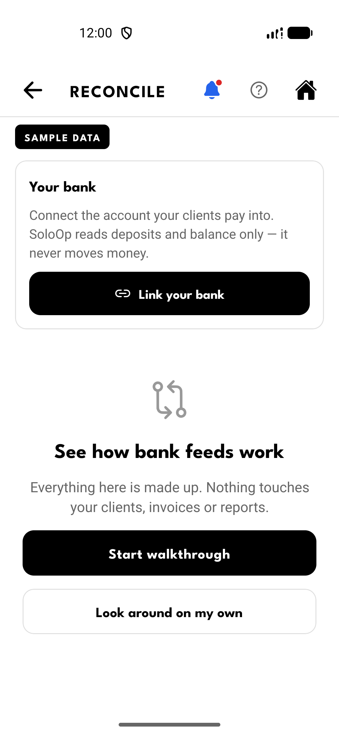 Reconcile screen labelled sample data, with a Link your bank button and options to start a walkthrough or look around