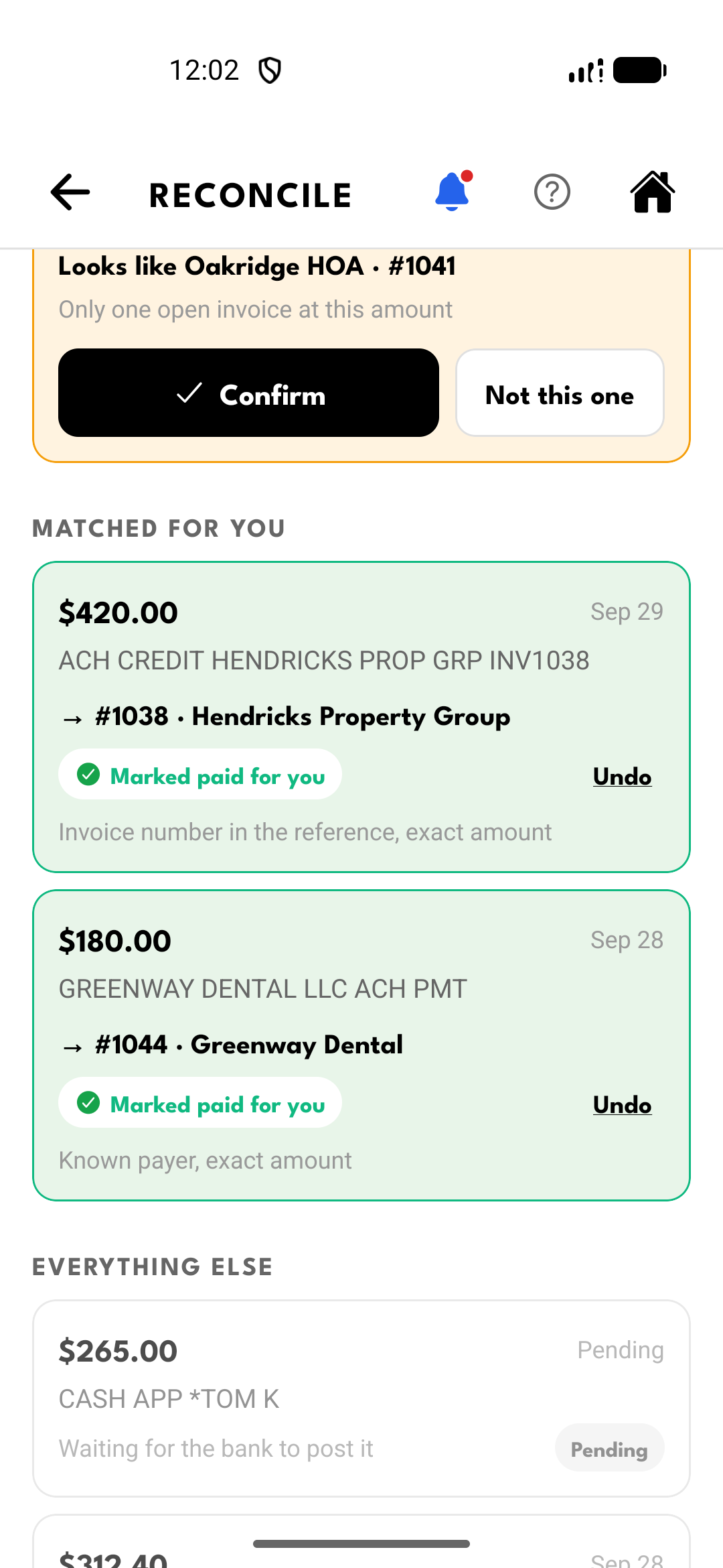 Bank deposits matched to invoices and marked paid for the user, each with an Undo option, above a pending Cash App deposit