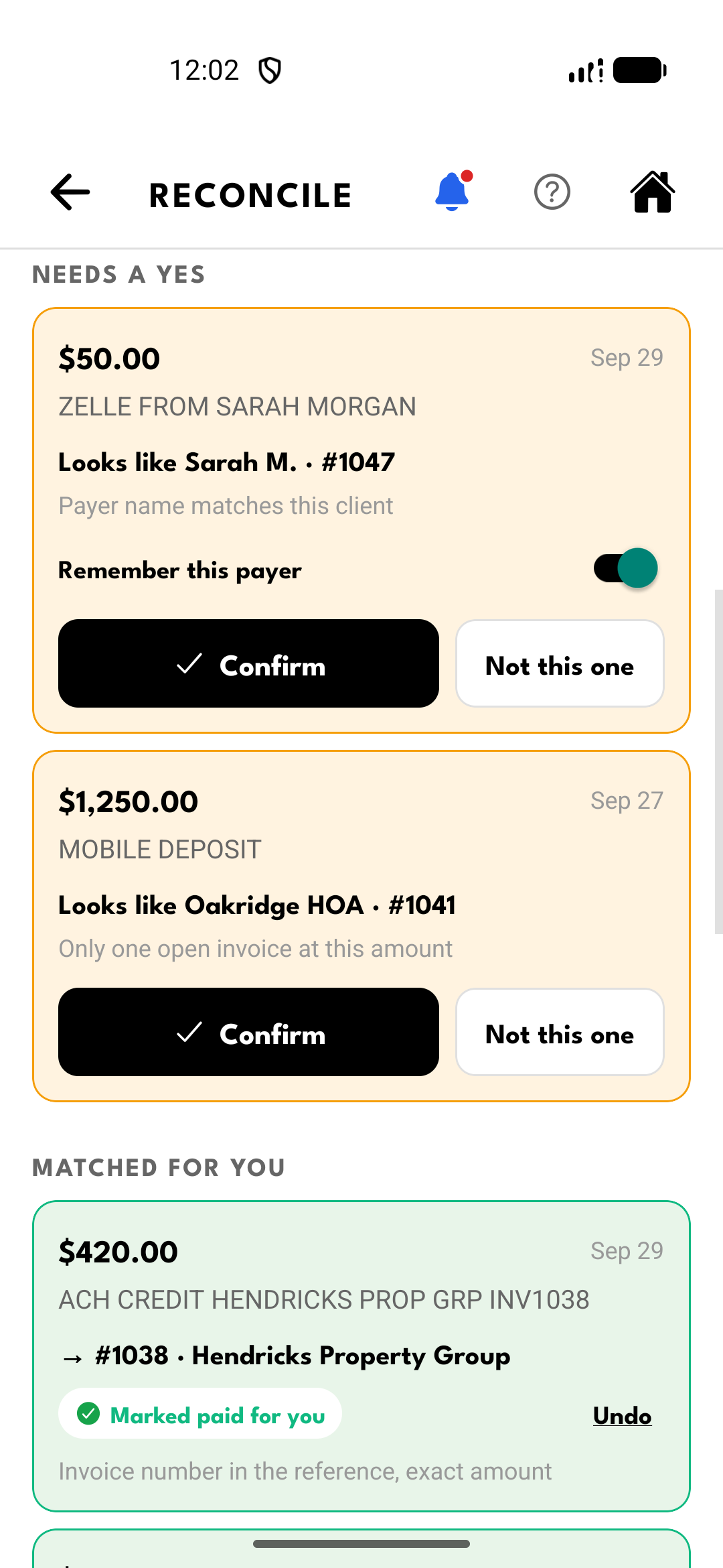 Two suggested deposit matches, a $50 Zelle payment and a $1,250 mobile deposit, each with Confirm and Not this one buttons, above a matched ACH payment marked paid