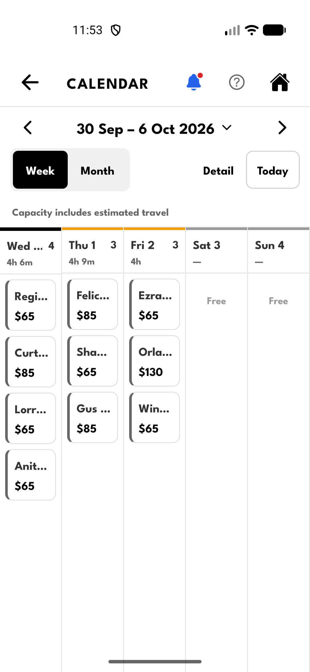 SoloOp weekly calendar with booked jobs, client names, prices and booked hours for each day