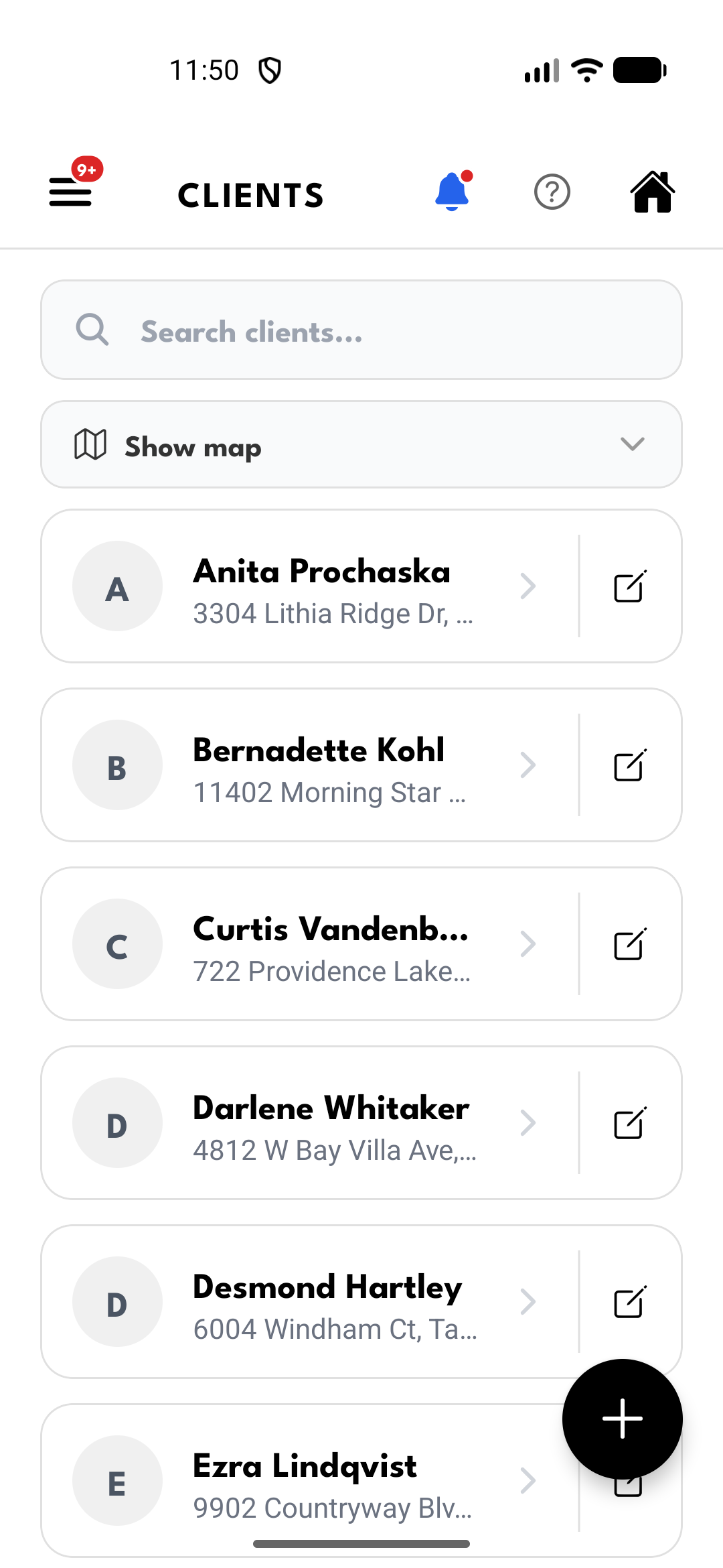 Client list with a search box, a Show map control and clients listed with their street addresses