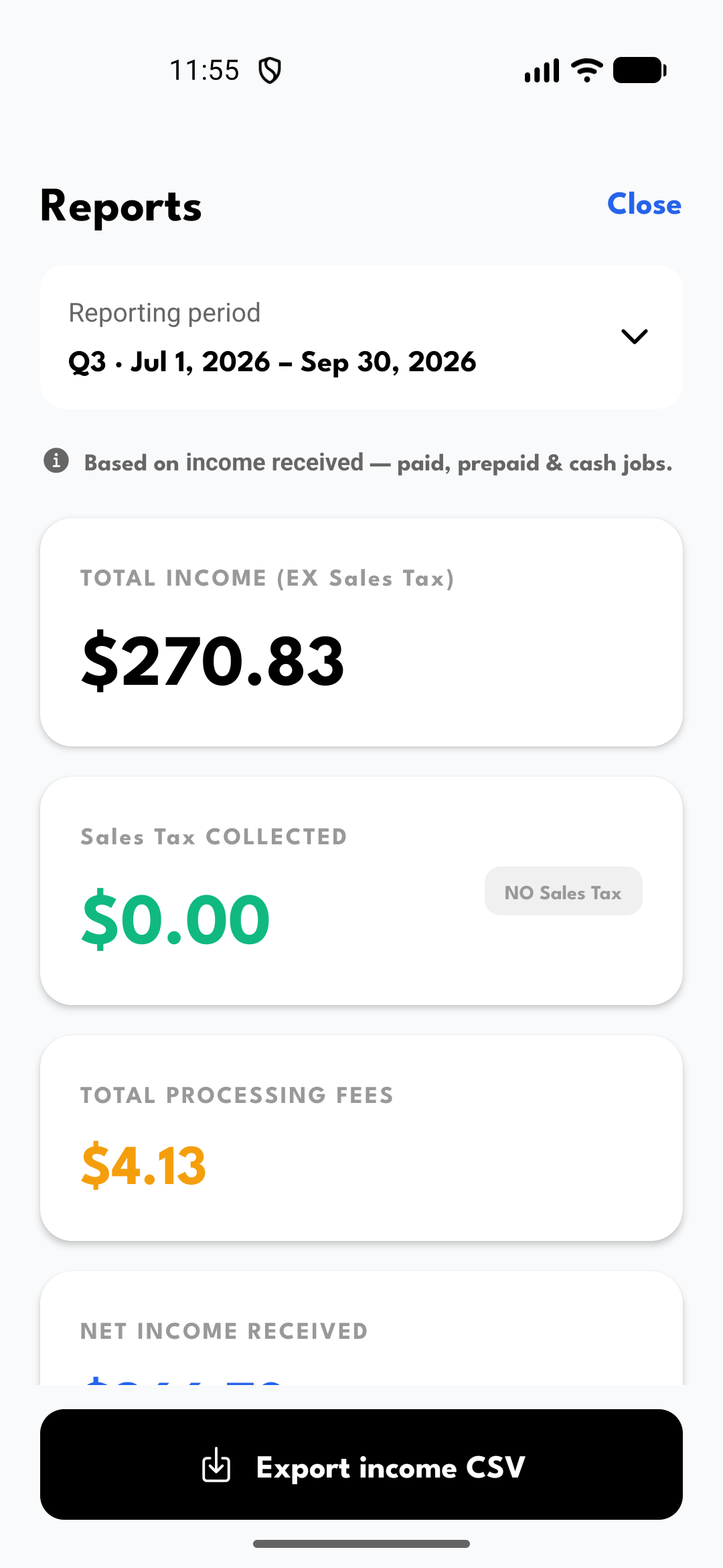 US Reports opened from Invoices, showing sample third-quarter income excluding sales tax, sales tax collected, processing fees and an Export income CSV button