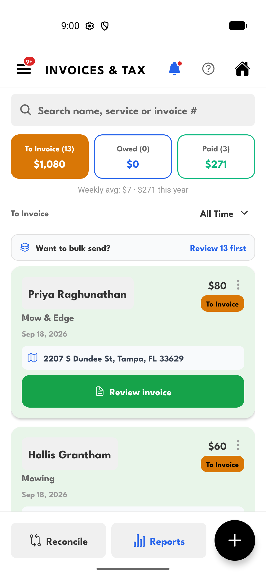US SoloOp invoice list showing jobs to invoice, amounts owed and paid, and a Review invoice action
